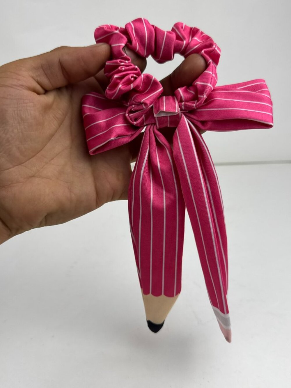 Pink Pencil Hair Scrunchie with Bow Cute School Teacher Back to School Accessory - Picture 2 of 2
